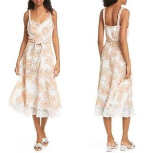 New DYVNA Chacha Peach Floral Silk Midi Dress Braided Straps Waist Tie Sz 8